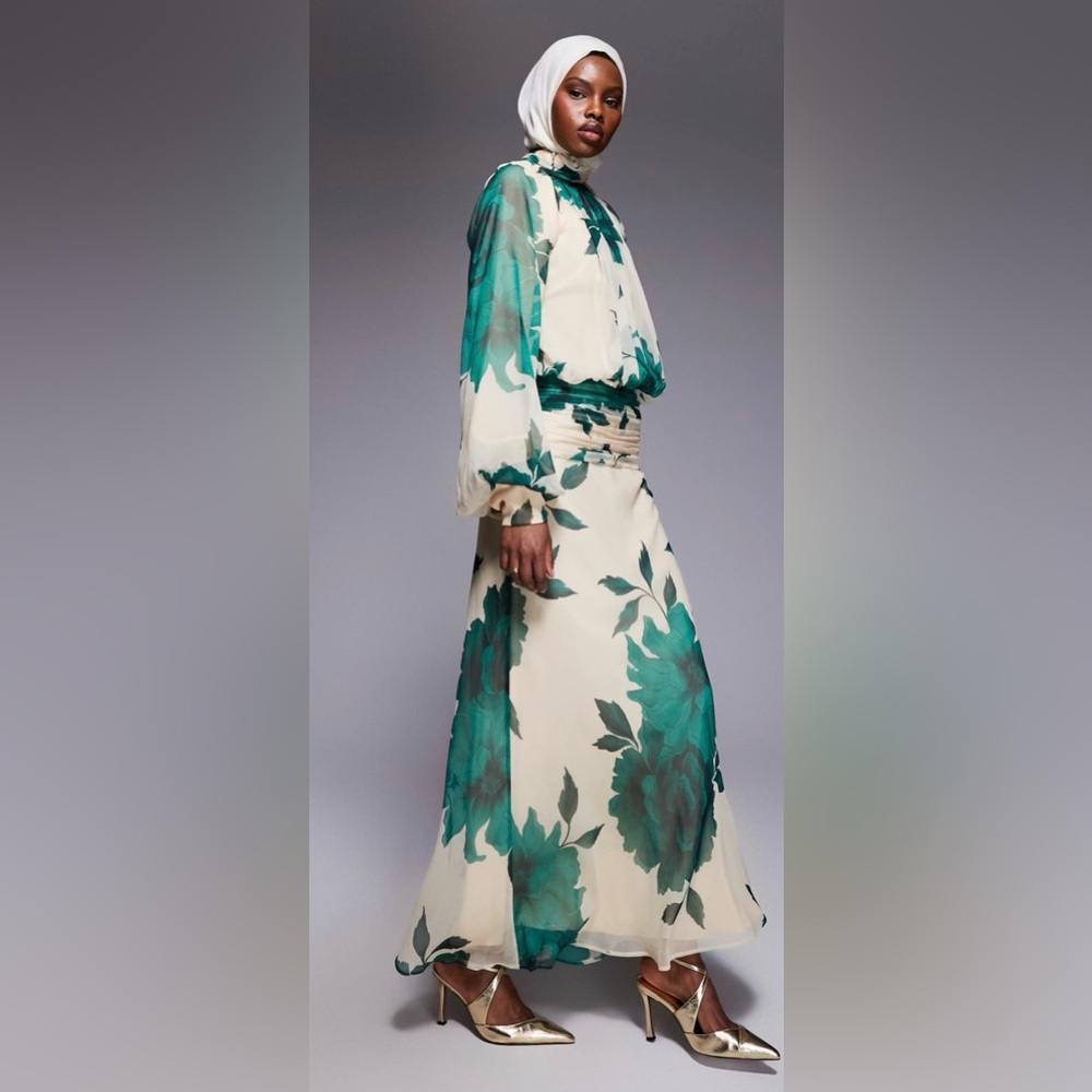 ASOS Green Floral Long Sleeve Dress